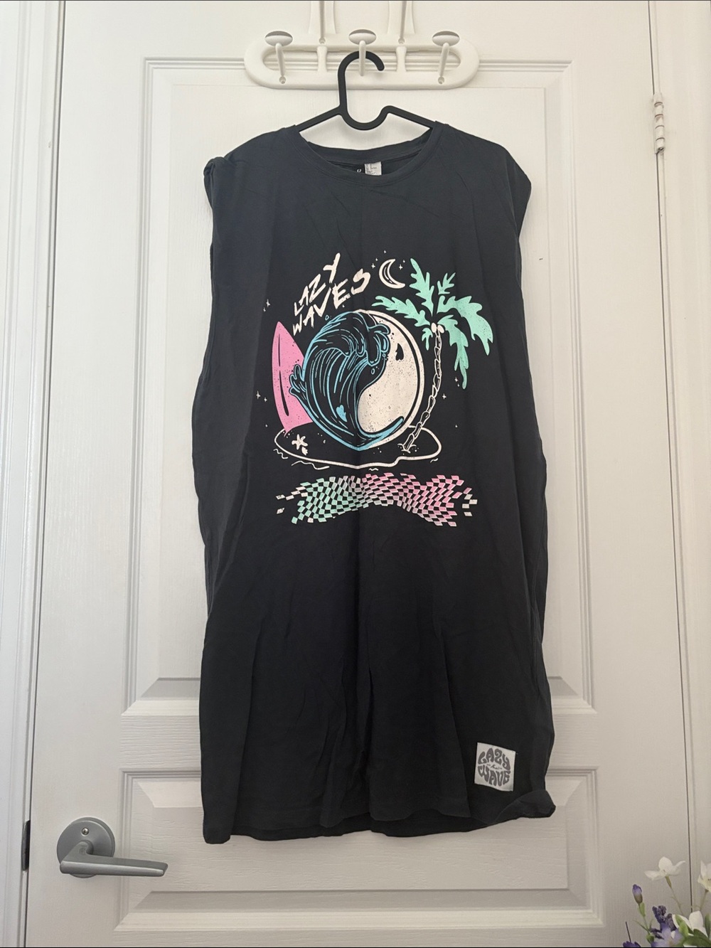 Divided Black Graphic Surf Night Tee Dress with Pastel Accents